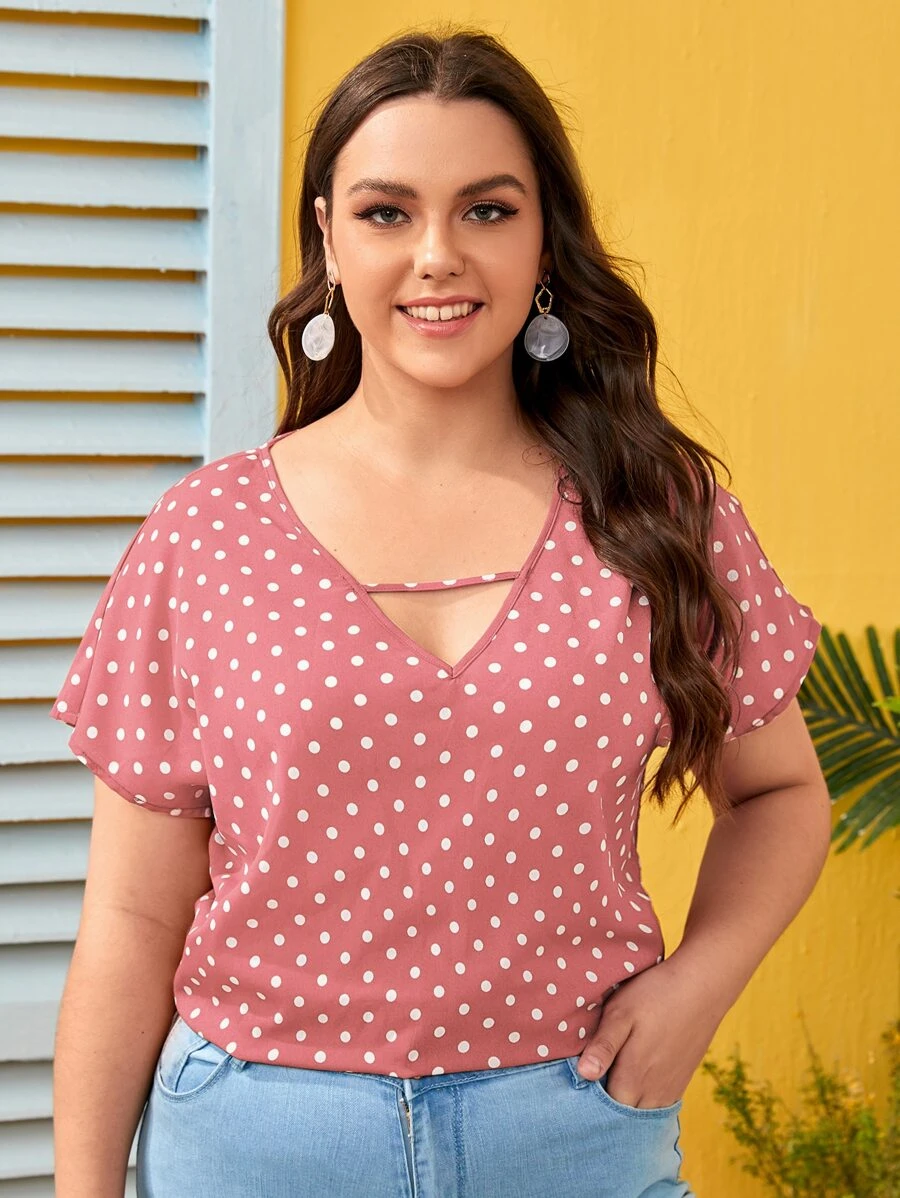 SHEIN LUNE Plus Cut Out Front Polka Dot Top - Dusty Pink - View 1