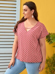 SHEIN LUNE Plus Cut Out Front Polka Dot Top - Dusty Pink - View 4