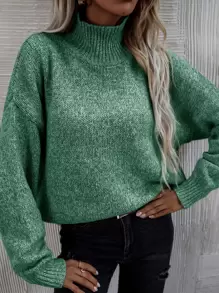 SHEIN LUNE Jersey de cuello cisne de hombros caídos - Verde - Ver 2