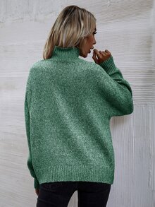 SHEIN LUNE Jersey de cuello cisne de hombros caídos - Verde - Ver 3