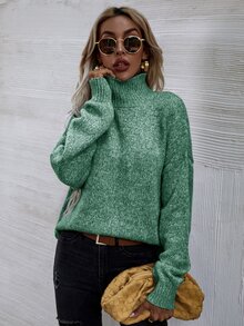 SHEIN LUNE Jersey de cuello cisne de hombros caídos - Verde - Ver 4
