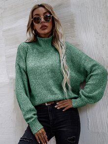 SHEIN LUNE Jersey de cuello cisne de hombros caídos - Verde - Ver 5