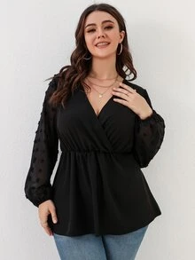 大碼圓點燈籠袖交叉領襯衫 - 黑色 - 查看 3