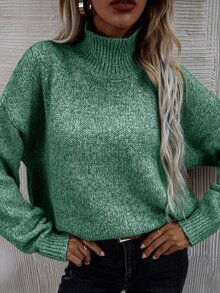 SHEIN LUNE Jersey de cuello cisne de hombros caídos - Verde - Ver 6