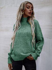 SHEIN LUNE Jersey de cuello cisne de hombros caídos - Verde - Ver 7