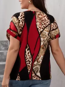 SHEIN LUNE Plus Leopard & Paisley Print Batwing Sleeve Blouse For Summer