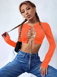 Chain Lace Up Crop Top - Orange - View 1