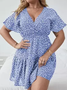 SHEIN Clasi Váy in hình trái tim Boho Surplice cỡ lớn phía trước, cho mùa hè - Màu xanh lam - Xem 1