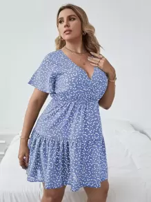 SHEIN Clasi Váy in hình trái tim Boho Surplice cỡ lớn phía trước, cho mùa hè - Màu xanh lam - Xem 4