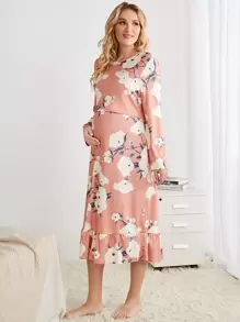 孕婦印花哺乳荷葉邊睡裙 - 彩色 - 查看 1