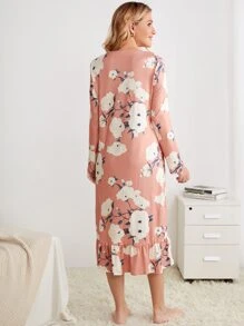 孕婦印花哺乳荷葉邊睡裙 - 彩色 - 查看 2