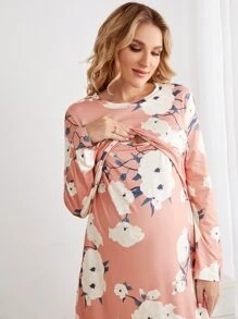 孕婦印花哺乳荷葉邊睡裙 - 彩色 - 查看 3