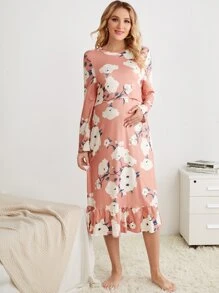 孕婦印花哺乳荷葉邊睡裙 - 彩色 - 查看 5