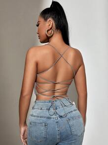 SHEIN SXY Top de tirantes corto de espalda abierta con cordón - Gris - Ver 1