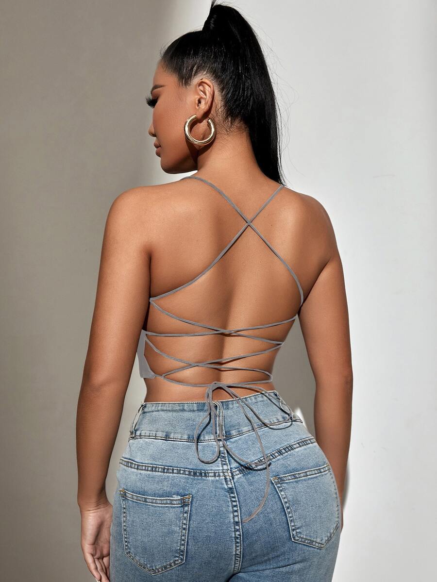 SHEIN SXY Top de tirantes corto de espalda abierta con cordón - Gris - Ver 1