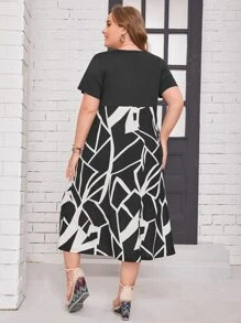 Mulvari Đầm Plus Size Cắt ra Hình học Giải trí - Đen và trắng - Xem 2