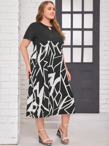 Mulvari Đầm Plus Size Cắt ra Hình học Giải trí - Đen và trắng - Xem 5