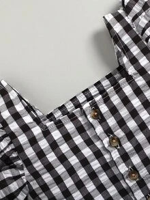 小女童雙色格子荷葉袖上衣和花卉圖案破洞毛邊緣牛仔短褲 - 彩色 - 查看 3