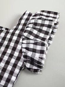 小女童雙色格子荷葉袖上衣和花卉圖案破洞毛邊緣牛仔短褲 - 彩色 - 查看 4