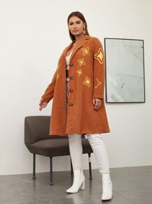 SHEIN Essnce Áo khoác cỡ lớn Nút phía trước Hình học Thanh lịch - Màu Cam cháy - Xem 1