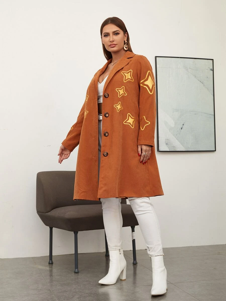 SHEIN Essnce Áo khoác cỡ lớn Nút phía trước Hình học Thanh lịch - Màu Cam cháy - Xem 1