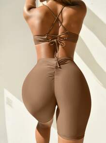 Bikini Corto Liso Para Playa De Verano - Café integral - Ver 1