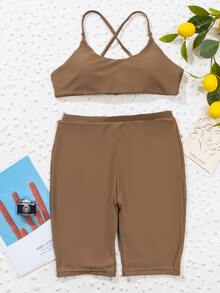 Bikini Corto Liso Para Playa De Verano - Café integral - Ver 4