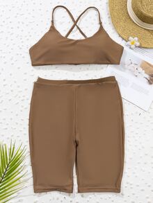 Bikini Corto Liso Para Playa De Verano - Café integral - Ver 5