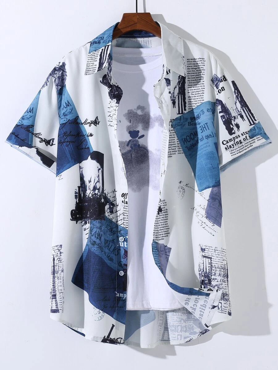 Manfinity EMRG Men Random Newspaper Print Shirt Without Tee - Multicolor - View 1
