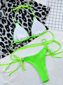Women Bikini Sets Cincin Plain Seksi - Lime Green - View 2