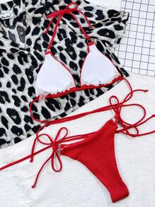 Conjunto de bikini con tiras laterales de triángulo microestructurado, perfecto para la playa y vacaciones de verano - Rojo - Ver 2