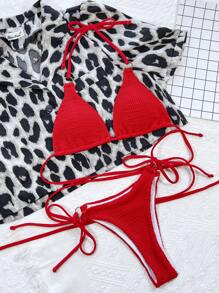 Conjunto de bikini con tiras laterales de triángulo microestructurado, perfecto para la playa y vacaciones de verano - Rojo - Ver 3