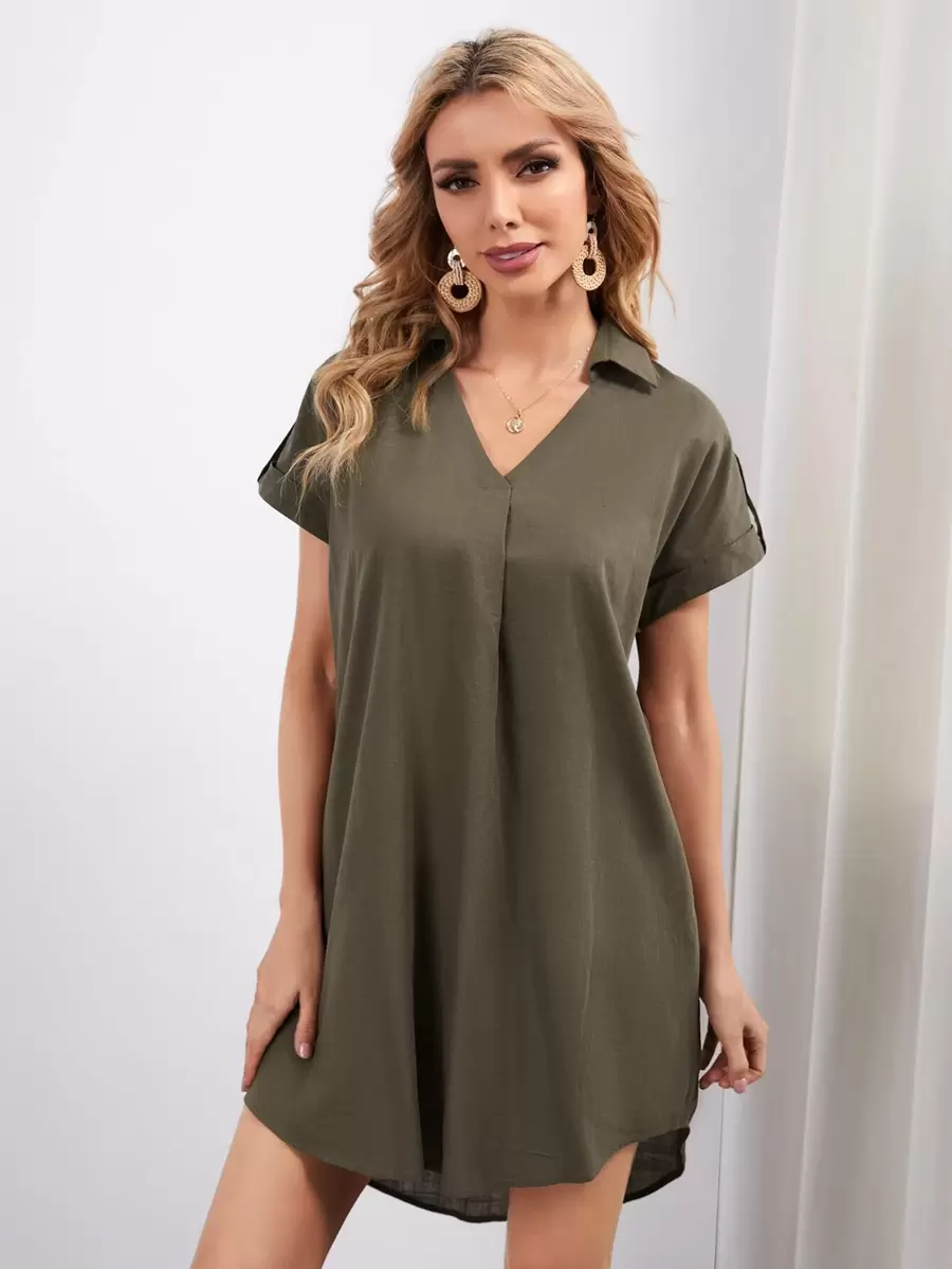 SHEIN Collared Roll Up Sleeve Curved Hem Dress - Army Green - View 1