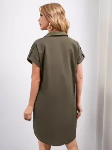 SHEIN Collared Roll Up Sleeve Curved Hem Dress - Army Green - View 2