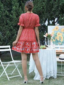 印花荷葉袖褶邊洋裝 - 紅色 - 查看 2
