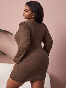 SHEIN SXY Plus Tie Front Textured Knit Dress - Chocolate Brown - View 2
