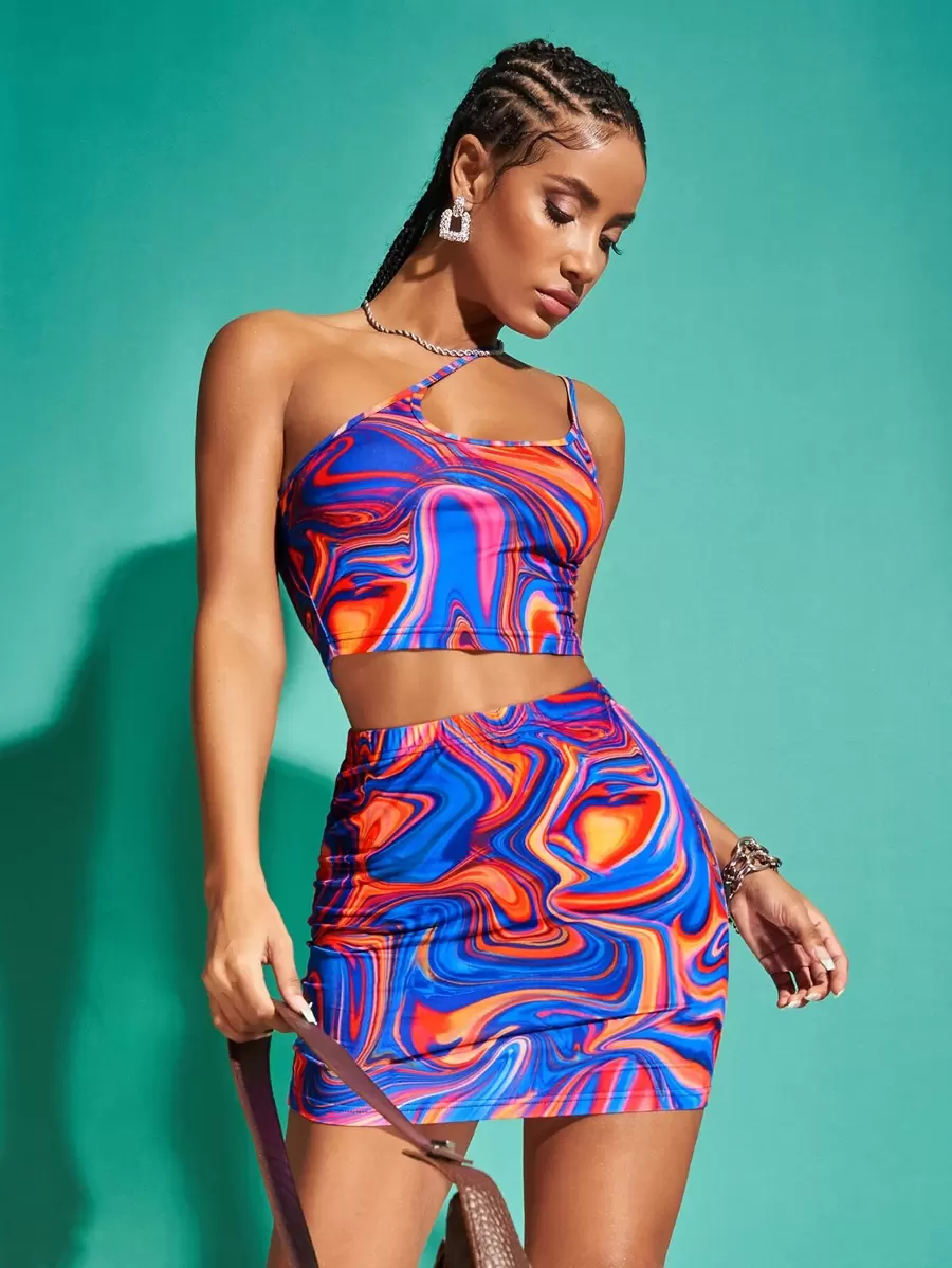 SHEIN BAE One Shoulder Marble Print Top And Skirt Set - Multicolor - View 1