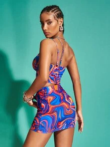 SHEIN BAE One Shoulder Marble Print Top And Skirt Set - Multicolor - View 2