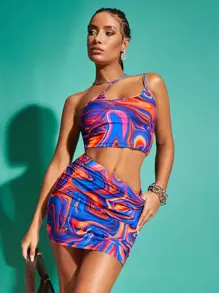 SHEIN BAE One Shoulder Marble Print Top And Skirt Set - Multicolor - View 3