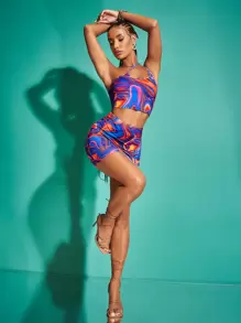 SHEIN BAE One Shoulder Marble Print Top And Skirt Set - Multicolor - View 4