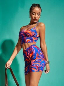 SHEIN BAE One Shoulder Marble Print Top And Skirt Set - Multicolor - View 5