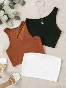 SHEIN EZwear 3 piezas Top unicolor tejido de canalé - Multicolor - Ver 1