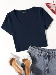 SHEIN EZwear 羅紋針織素色T恤 - 藏蓝色 - 查看 1
