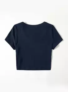 SHEIN EZwear 羅紋針織素色T恤 - 藏蓝色 - 查看 2