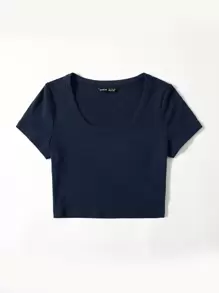 SHEIN EZwear 羅紋針織素色T恤 - 藏蓝色 - 查看 3