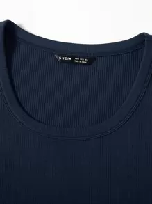 SHEIN EZwear 羅紋針織素色T恤 - 藏蓝色 - 查看 4