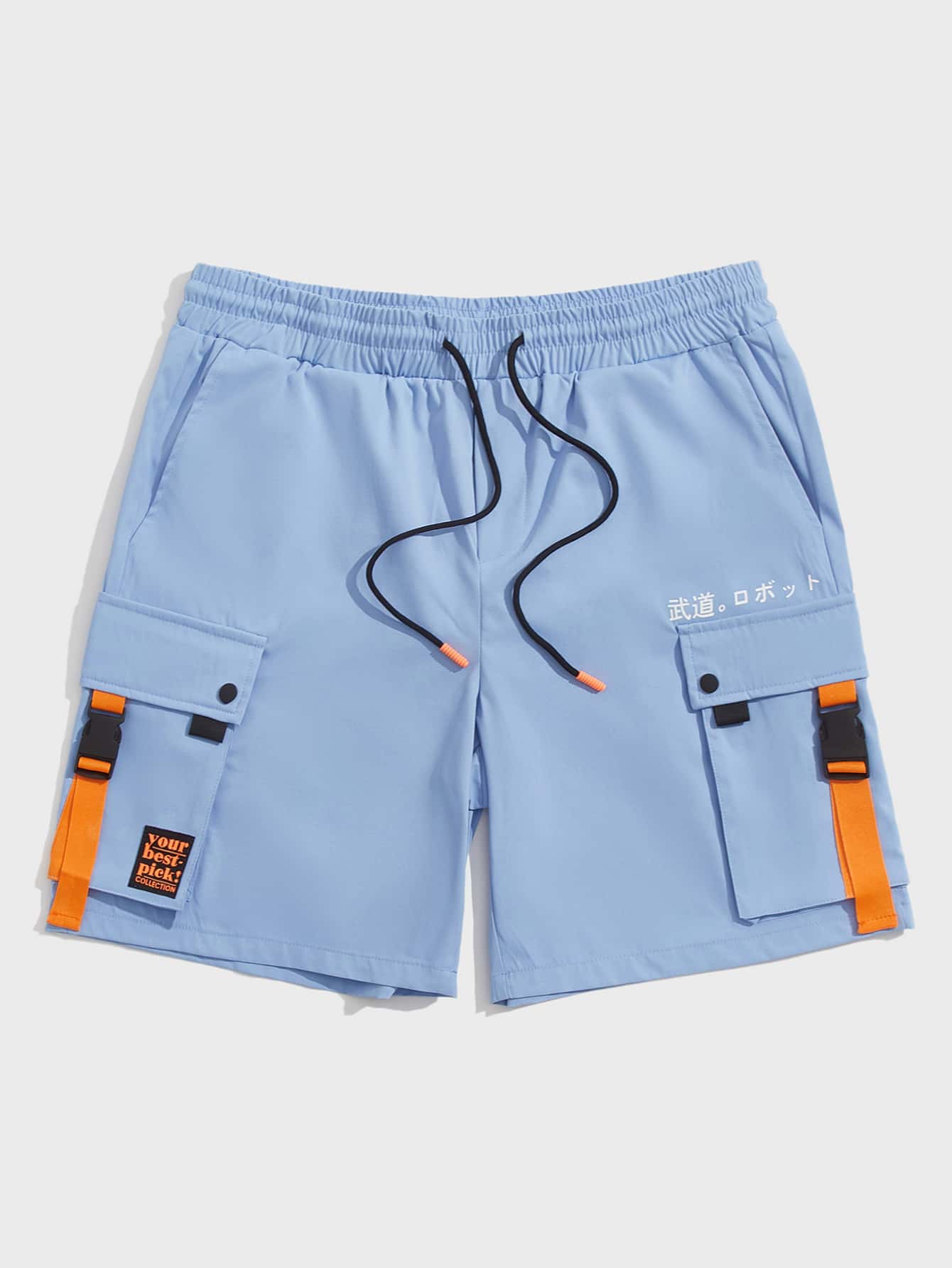 Manfinity VCAY Quần Short Nam Dây kéo Đắp vá Túi Ruy băng Khối Màu Lá thư Đường phố - Màu xanh lam - Xem 1