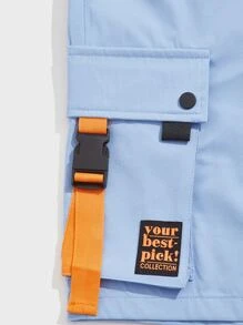 Manfinity VCAY Quần Short Nam Dây kéo Đắp vá Túi Ruy băng Khối Màu Lá thư Đường phố - Màu xanh lam - Xem 4