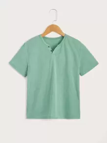 SHEIN Tween Boy's Colorblock Knitted Button Detail T-Shirt In Simple And Casual Style, Suitable For Summer Daily Wear - Mint Green - View 1