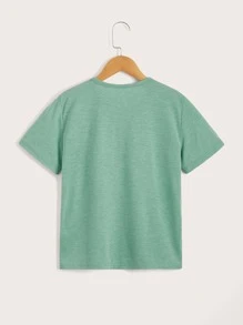 SHEIN Tween Boy's Colorblock Knitted Button Detail T-Shirt In Simple And Casual Style, Suitable For Summer Daily Wear - Mint Green - View 2
